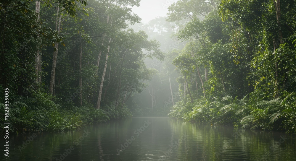 Ethereal Mist Veils a Calm River in a Dense Tropical Jungle Ethereal Mist Veils a Calm River in a Dense Tropical Jungle