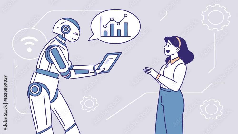 Fototapeta premium Friendly Robot and Businesswoman Discussing Data Analytics, Modern Line Art Style, Positive Mood