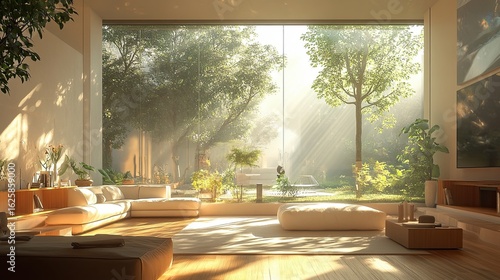 Serene Indoor Space Overlooking Lush Green Garden with Sunlight