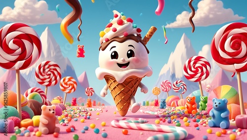 Whimsical Candy Landscape with Smiling Ice Cream Cone Character and Gummy Bears