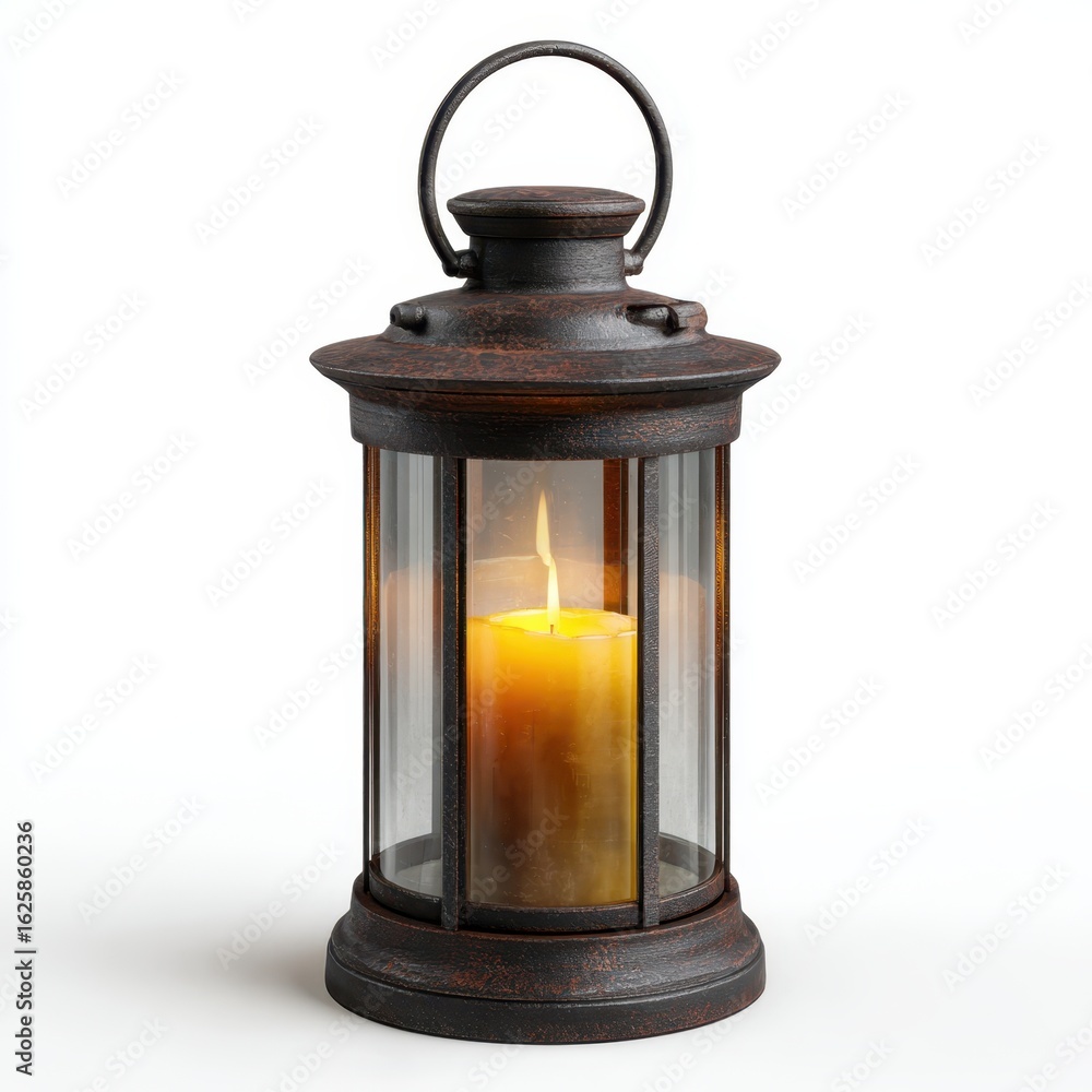 Rustic lantern with glowing candle isolated on white background Rustic lantern with glowing candle isolated on white background
