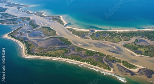 Aerial Tapestry of a Vast River Delta Meeting the Deep Blue Sea