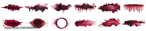 A collection of artistic red wine stains on a white background, showcasing various patterns and textures. Perfect for creative projects and design concepts.