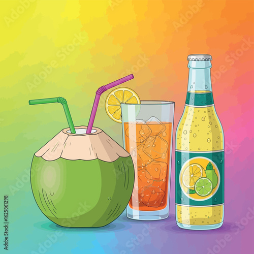 An artful vector illustration of a glass bottle containing green fruit juice on a white background