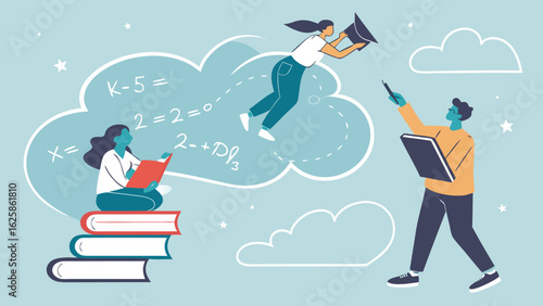 Students Achieving Academic Success: Flat Design Illustration of Education, Learning, and Graduation