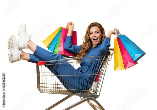 Excited happy woman in a shopping cart with bags, isolated on a transparent background