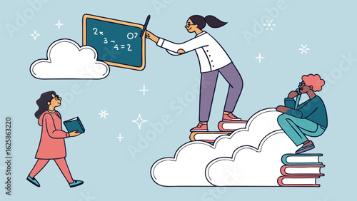 Diverse Students Studying Together:  Cloud-Based Education Concept Illustration, Modern Flat Style, Upbeat Mood
