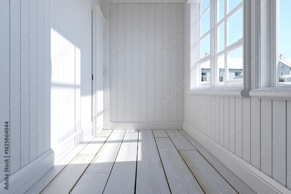 Fototapeta premium Bright empty room with white wooden floor and walls, large windows letting in natural light, creating calm and airy atmosphere in minimalist interior space