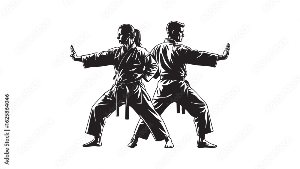 Obraz premium Karate Silhouette Mastery Man Woman in Striking Black White Motion Martial Arts Action Strength