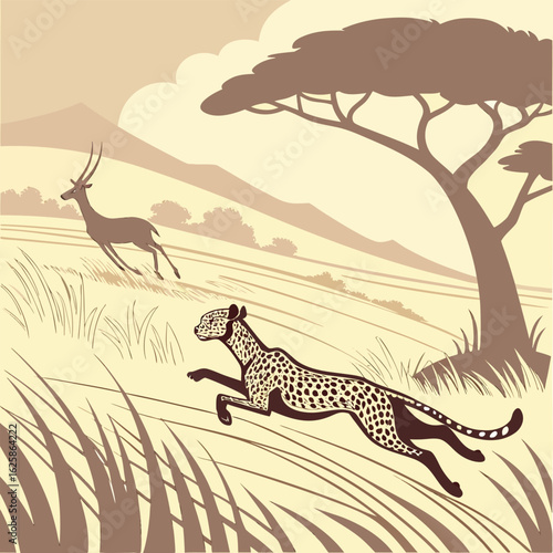 Graceful cheetah in pursuit of a fleeing deer across a scenic savanna landscape at dawn