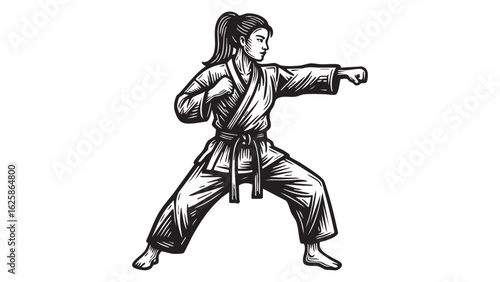 Karate Punch Stance Silhouette Art Woman Martial Artist in Uniform Fighting Pose Woodcut Style