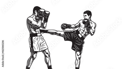 Martial Arts Kickboxing Sparring Fighter s Power in Black and White Silhouette Training Technique