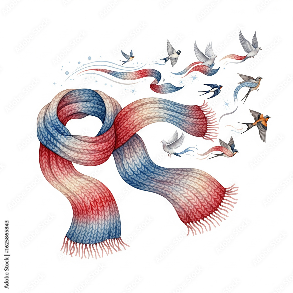 Obraz premium Scarf Transforming into Birds – Watercolor Art of Emotional Healing, Letting Go, and Freedom | Surreal Comfort Illustration on White Background