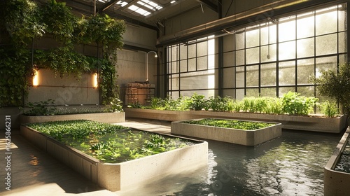 Urban greenhouse with water features and lush greenery interior space