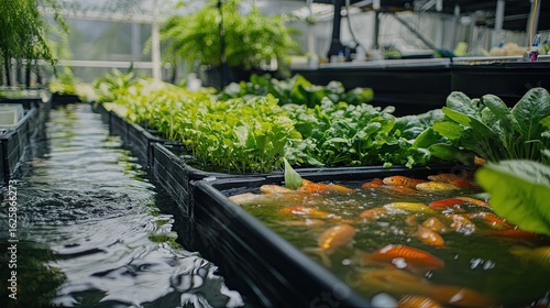 Aquaponic system with fish and vibrant green plants in greenhouse
