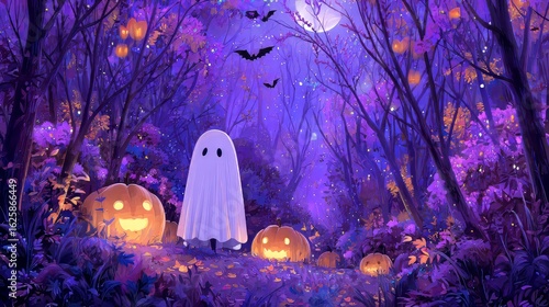 cute ghost standing beside glowing jack-o'-lantern pumpkins, in a magical purple forest at night, flying bats in the moonlight, whimsical halloween night