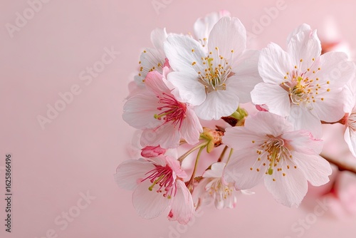 Blooming flowers on branch against soft pink. Spring floral background for design