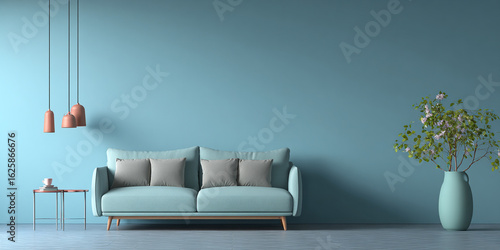 A luxurious red leather sofa in a dark, elegant room. interior mockup background empty wall in living room cozy home