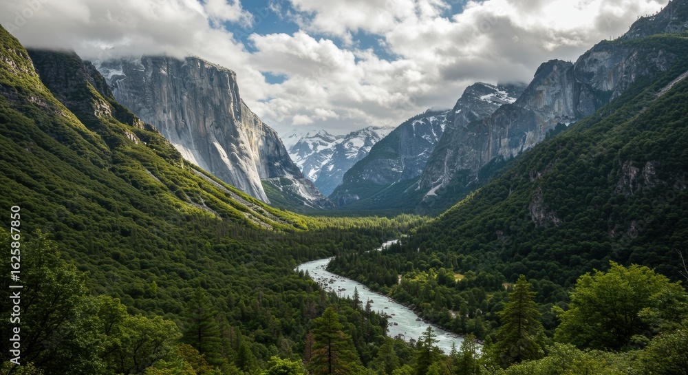 Fototapeta premium Yosemite's Grandeur: El Capitan and Snowy Peaks Above a Winding River