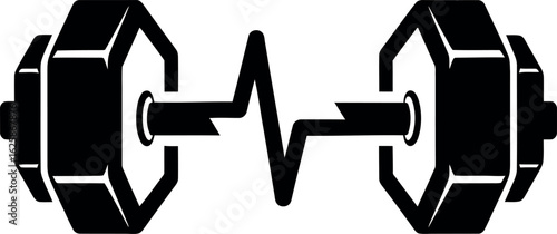 A monochrome vector icon combining a dumbbell with a heartbeat pulse line, symbolizing the connection between strength training and cardiovascular health.