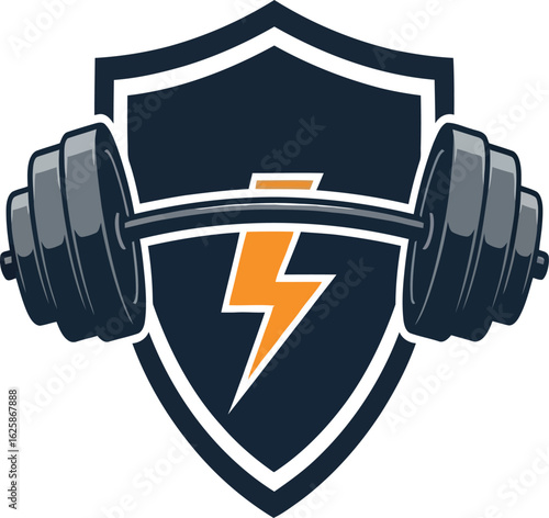 Fitness and strength shield logo featuring a powerful barbell and an energetic lightning bolt symbol vector illustration.