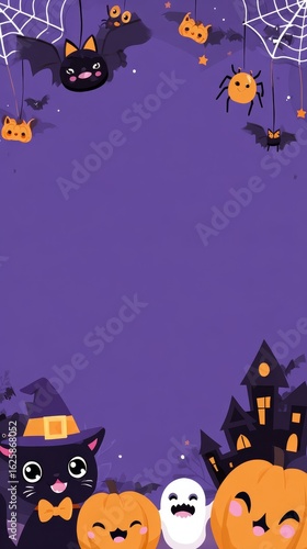 cute Halloween frame with cartoon elements, purple background, smiling pumpkins, black cat wearing witch hat and bow tie, flying bats, ghost, spider hanging from web, haunted house silhouette, cheerfu