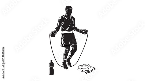 Boxer silhouette with jumping rope Boxer training fitness workout illustration Exercise motivation