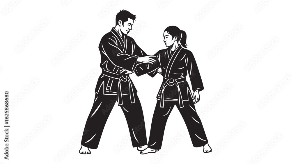 Martial Arts Training Silhouette Judo and Karate Black and White Outline Sparring Poses Discipline Martial Arts Training Silhouette Judo and Karate Black and White Outline Sparring Poses Discipline