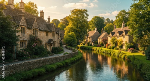 Idyllic English Stone Cottages Bathed in Golden Hour Light by a Serene River