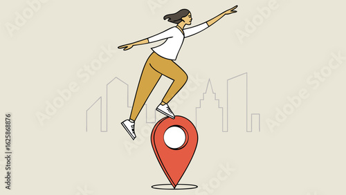 Woman Balancing on Location Pin, Modern Line Art, Urban Exploration Concept