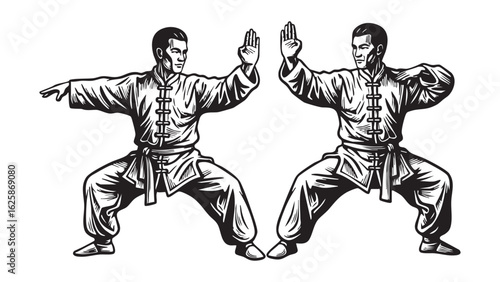 Two martial artists strike a pose martial arts kung fu self defense discipline strength silhouette