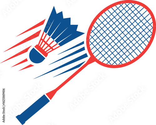 Vector graphic of a badminton game in action, featuring a stylized red racket and a blue shuttlecock in motion.