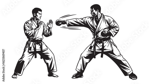 Karate Masters in Action Dynamic Black and White Martial Arts Illustration Depicting silhouette