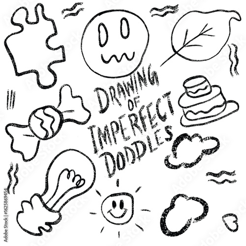 Hand-drawn abstract doodle pattern of everyday objects and fun shapes in black line art, imperfect sketch style for quirky creative design projects