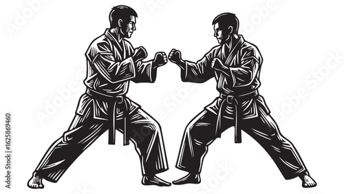 Karate Duel Vector Illustration Martial Arts Training Black and White Sparring Self silhouette