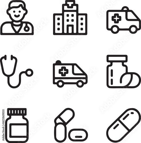 A collection of clean modern line art icons representing healthcare and medical services including a doctor hospital ambulance stethoscope and various medications and pills for medical concepts