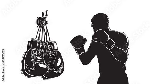 Silhouette Boxer Ready to Fight with Hanging Gloves Boxing Training Strong Punch Competitive Sport