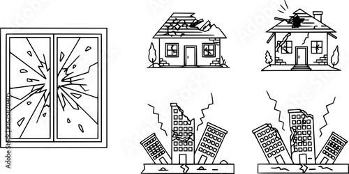 a set of disaster icons, broken windows, damaged houses, earthquake destruction, outline style, vector illustration