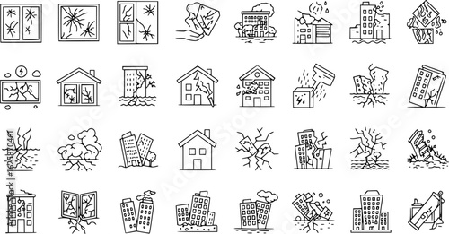 a set of disaster icons, broken windows, damaged houses, earthquake destruction, outline style, vector illustration