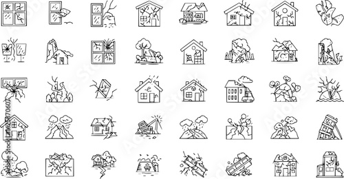 a set of disaster icons, broken windows, damaged houses, earthquake destruction, outline style, vector illustration