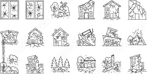 a set of disaster icons, broken windows, damaged houses, earthquake destruction, outline style, vector illustration