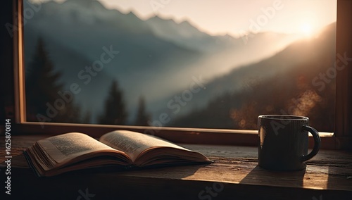 Open book and mug on a windowsill overlooking mountains at sunrise