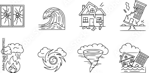 a set of disaster icons, broken windows, damaged houses, earthquake destruction, outline style, vector illustration