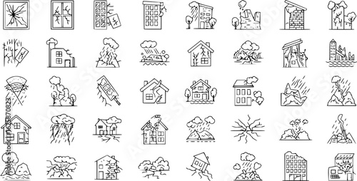 a set of disaster icons, broken windows, damaged houses, earthquake destruction, outline style, vector illustration