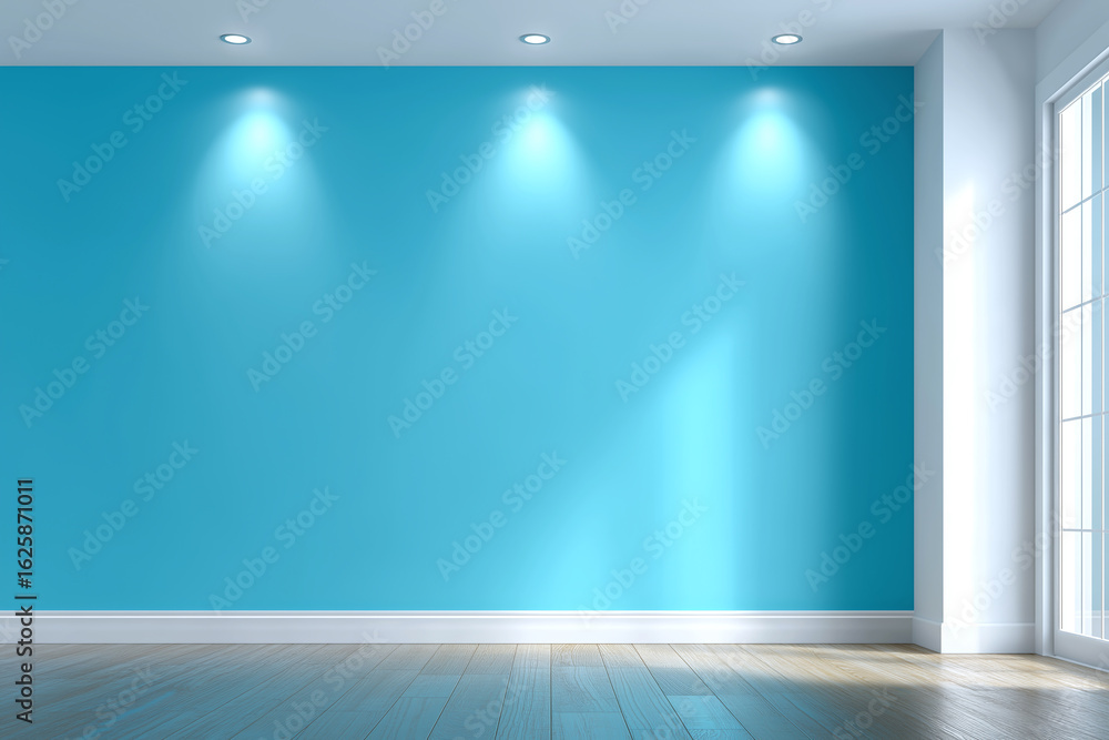 Obraz premium Empty blue wall with wooden floor and ceiling spotlights in bright modern room with natural light from window