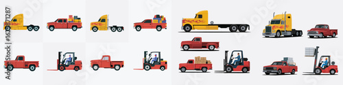 Assorted Transportation Vehicles Classic Pickup Trucks, Semi Trucks with Flame Graphics, and Forklifts, Isolated Vectors