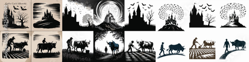 Black and White Gothic Castles, Bats, and Farmers Plowing Fields with Bulls Illustration Collection