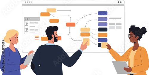 Business Vector Illustration of People Collaborating on Flowchart with Orange and Blue Rectangles Modern Design