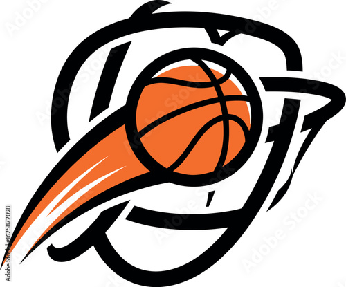 Dynamic basketball emblem with a fast-moving orange ball and motion swoosh, a vector sports logo for team branding and tournaments.