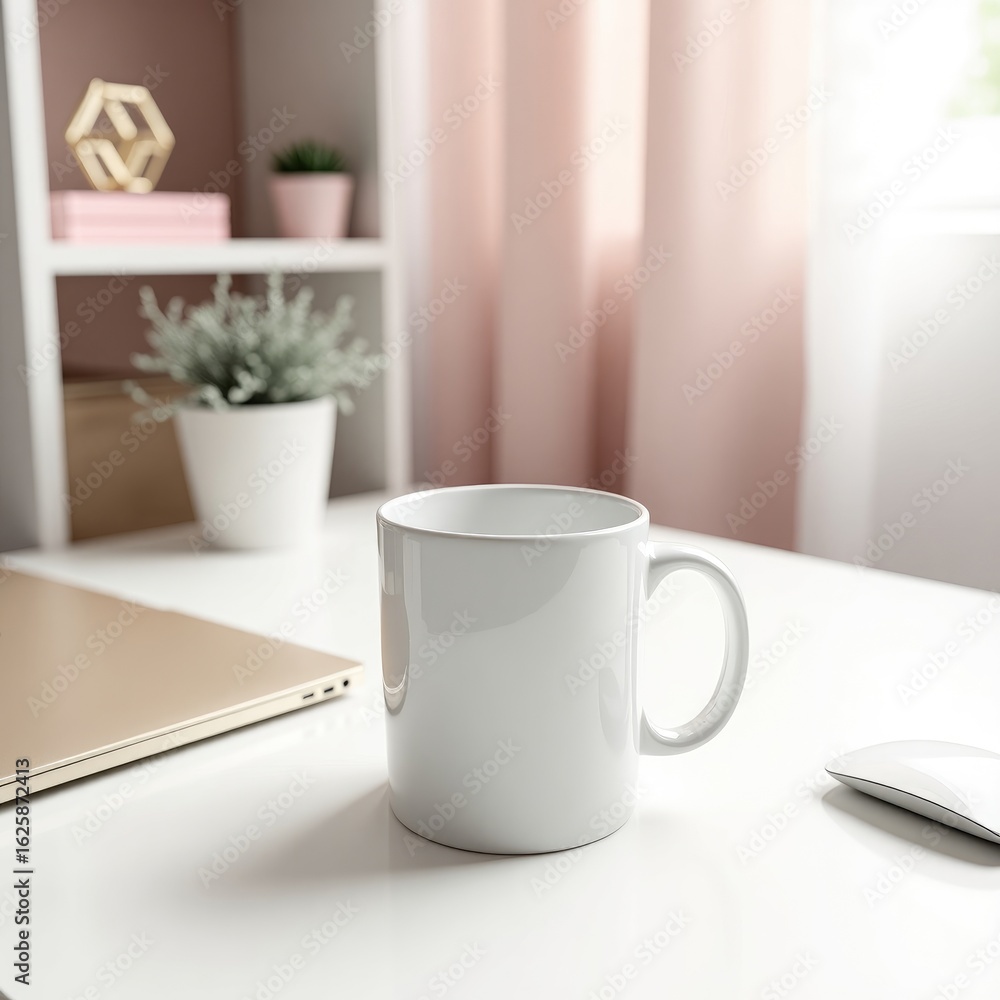 Obraz premium Mug mockup a white mug with a handle sitting on a wooden surface next to a white rose with bokeh background lights